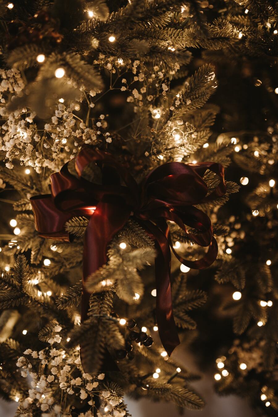 Burgundy satin bow and baby's breath tucked into a lit Christmas tree