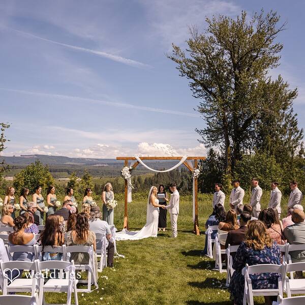 The Meadow: Wedding party at the arbor with Mount Rainier