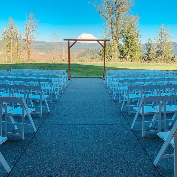 The Open Patio: Aisle leading to the arbor and Rainier