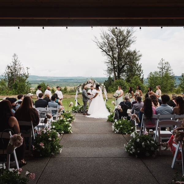 The Open Patio: Ceremony with straight rows for 145 guests