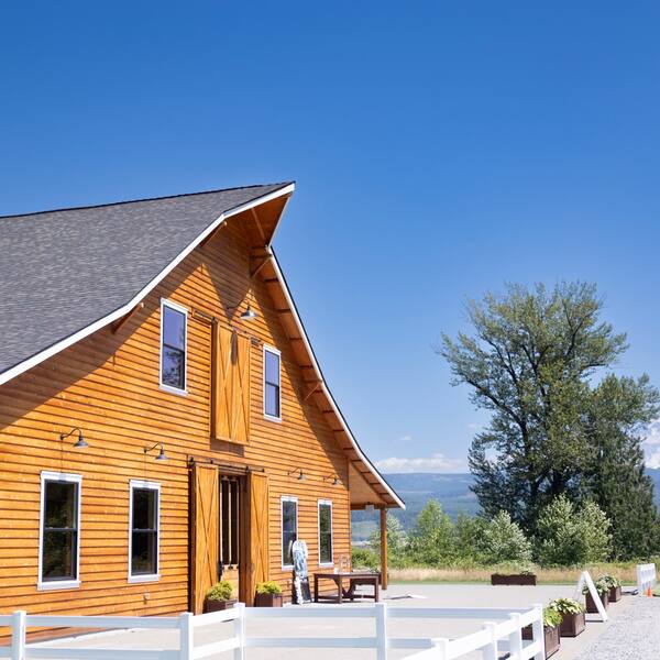The cedar barn with Mount Rainier on a clear summer day