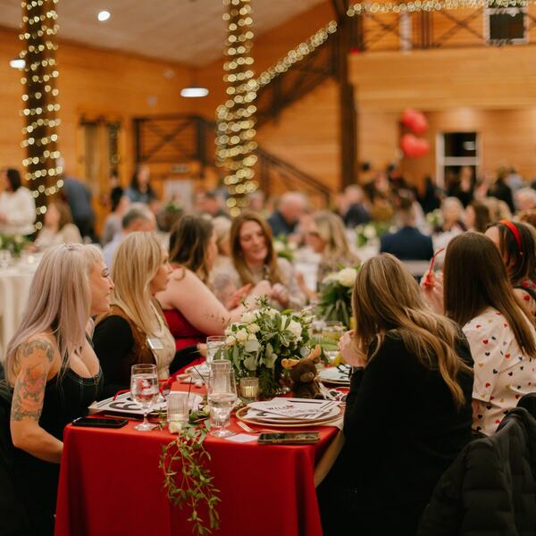 Fundraiser guests at a red-draped table