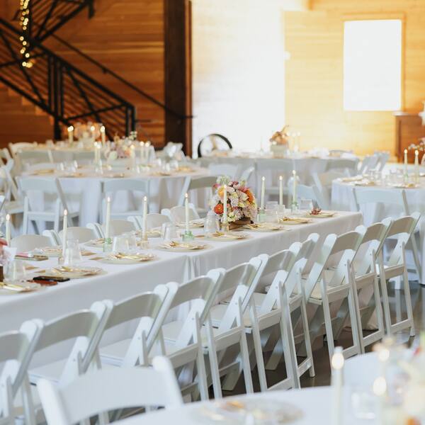 Long table with the staircase behind