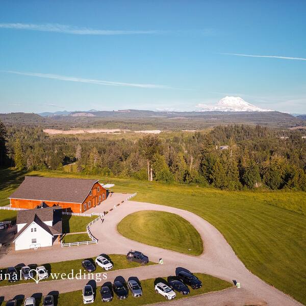 Aerial view of the farm and Rainier