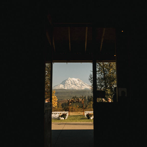 Rainier framed through the barn doorway