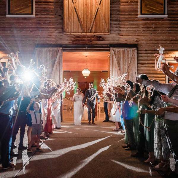 Ribbon-wand send-off out of the barn doors
