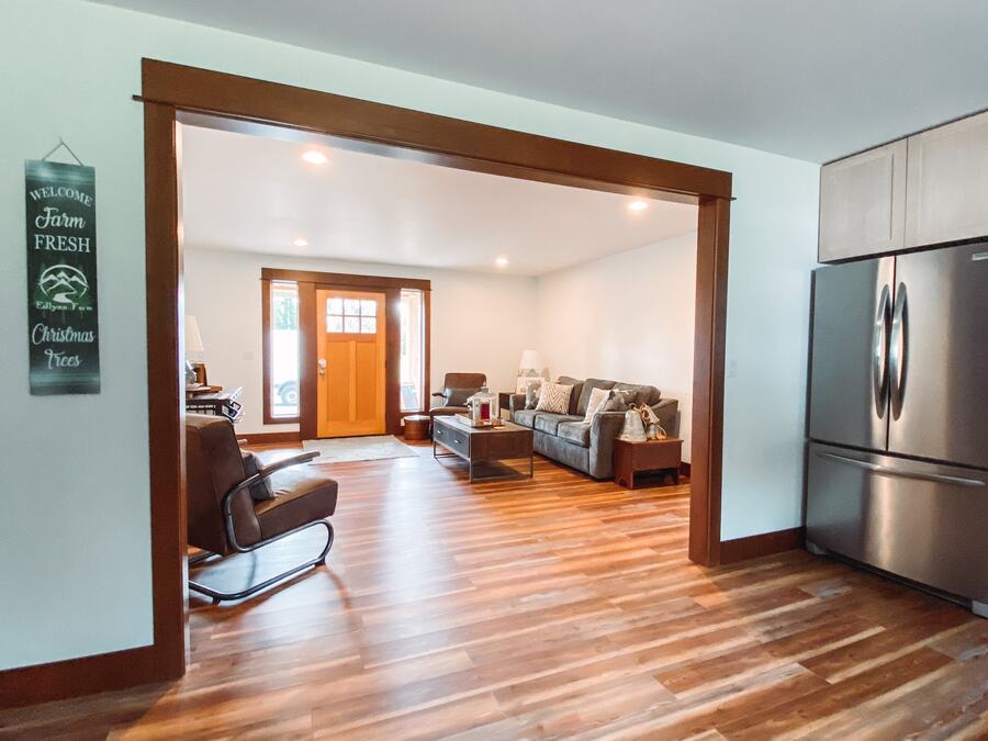 Looking from the cottage kitchen into the living room