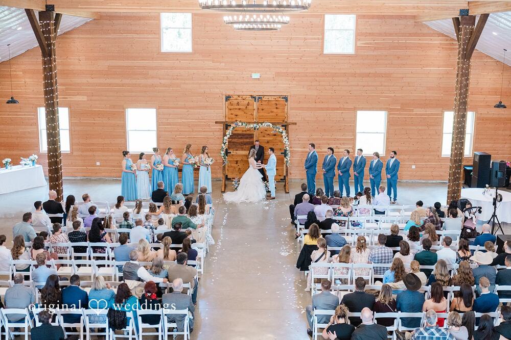 Overhead view of a full indoor ceremony in the barn